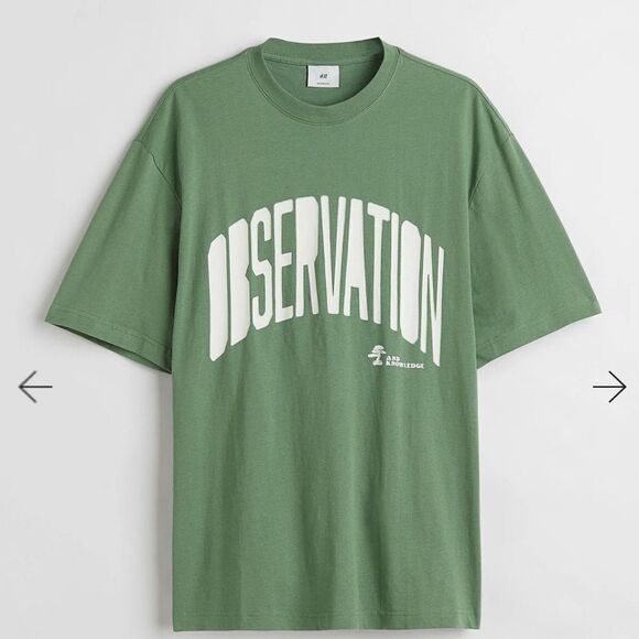 H&M Relaxed Fit Men’s Green Observation & Knowledge Graphic Short Sleeve Tee XS - Picture 1 of 10